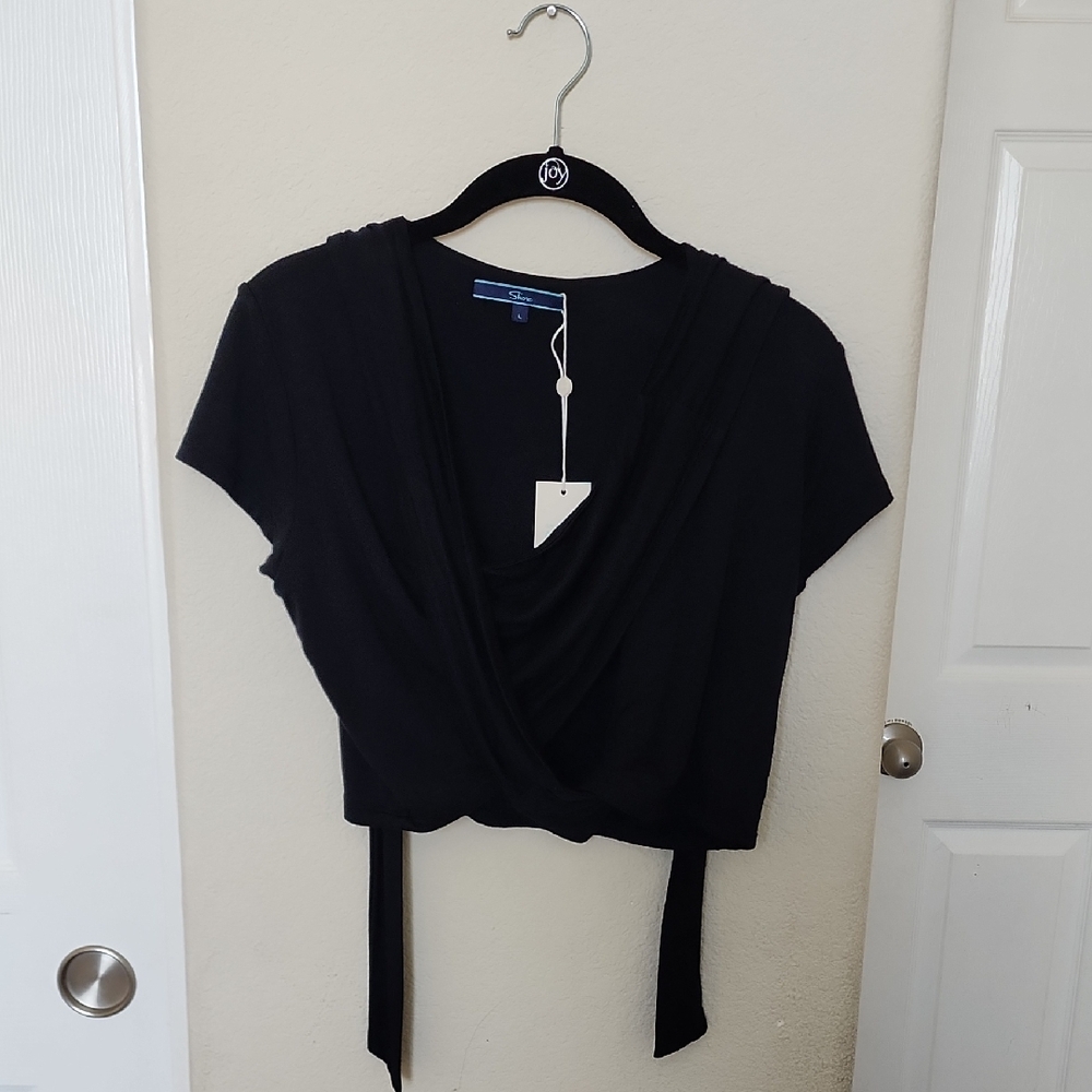 NWT Shore Black Women's Wrap Short Sleeve Top